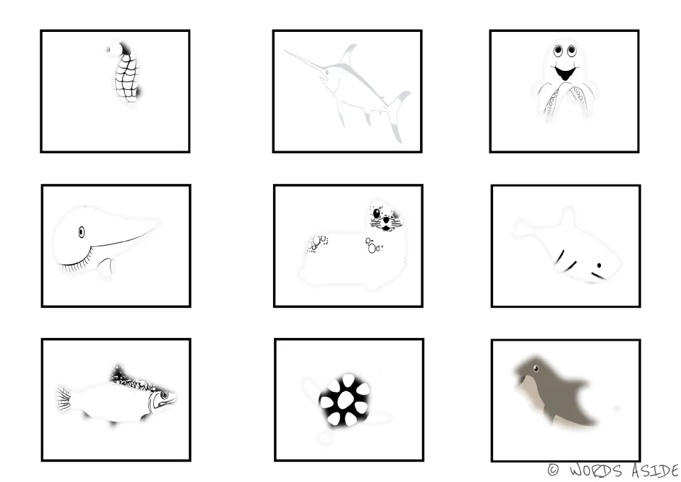 Faded black-and-white sea animal visual cards: seahorse, swordfish, octopus, whale, seal, shark and three more