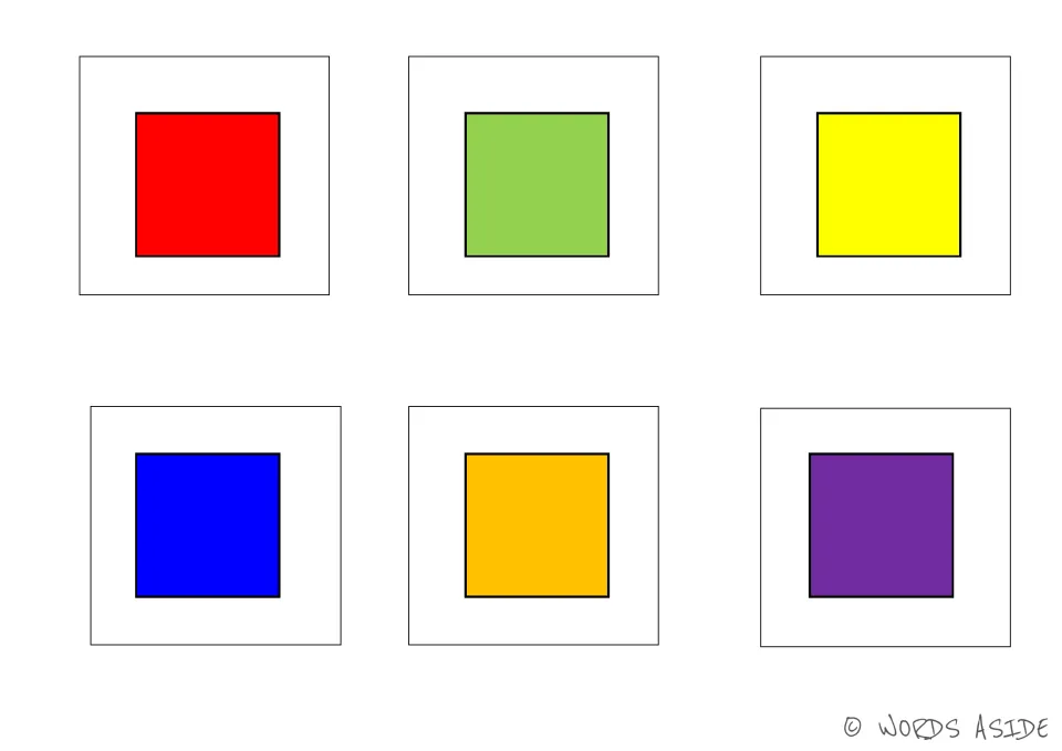 Cognitive processing matching cards 1–6: six squares in red, green, yellow, blue, orange, and purple.