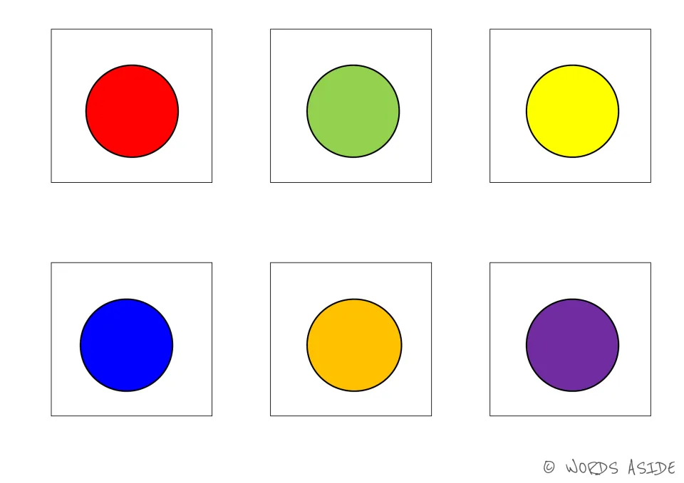 Cognitive processing matching cards 7–12: six circles in red, green, yellow, blue, orange, and purple.