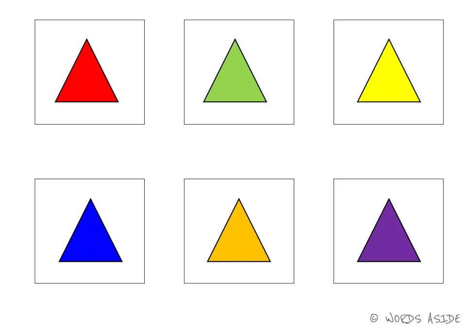 Cognitive processing matching cards 13–18: six triangles in red, green, yellow, blue, orange, and purple.