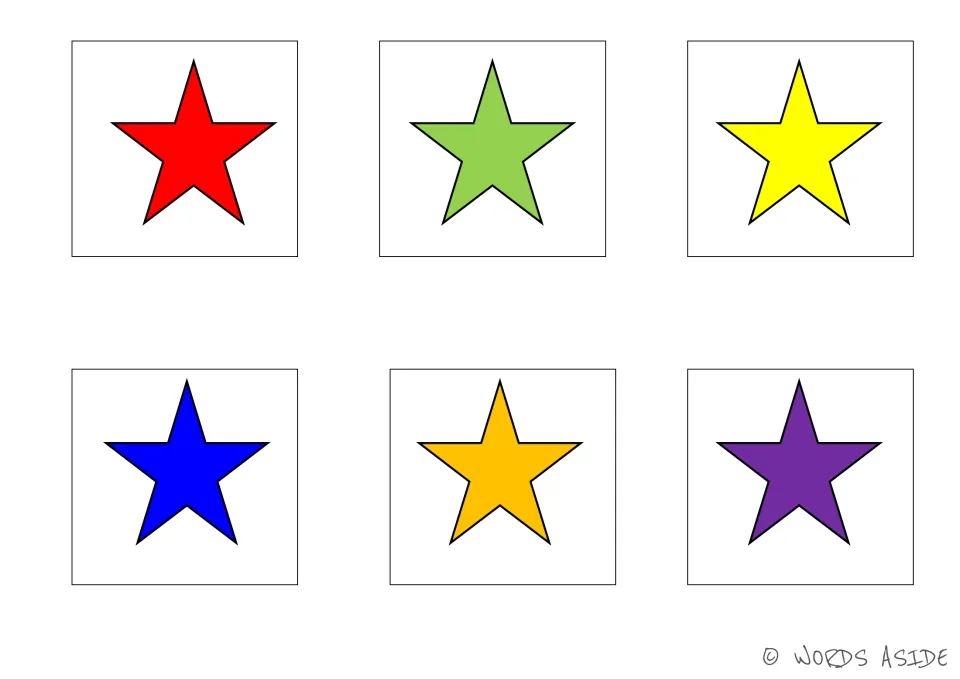 Cognitive processing matching cards 19–24: six stars in red, green, yellow, blue, orange, and purple.