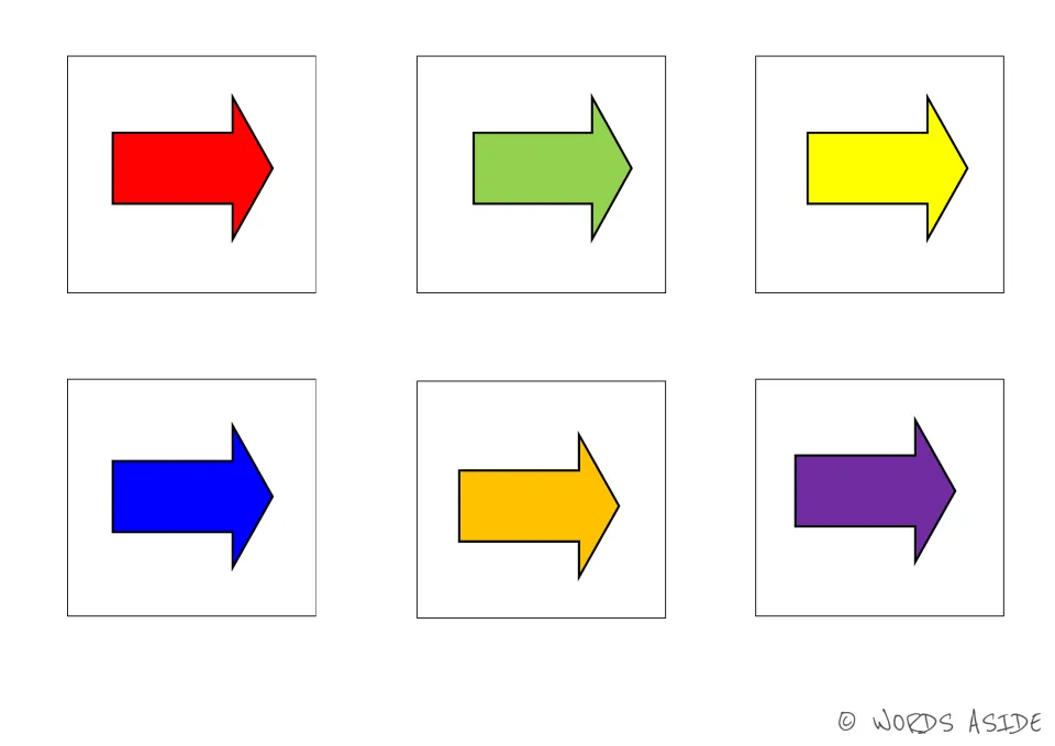 Cognitive processing matching cards 25–30: right-pointing arrows in red, green, yellow, blue, orange, and purple.