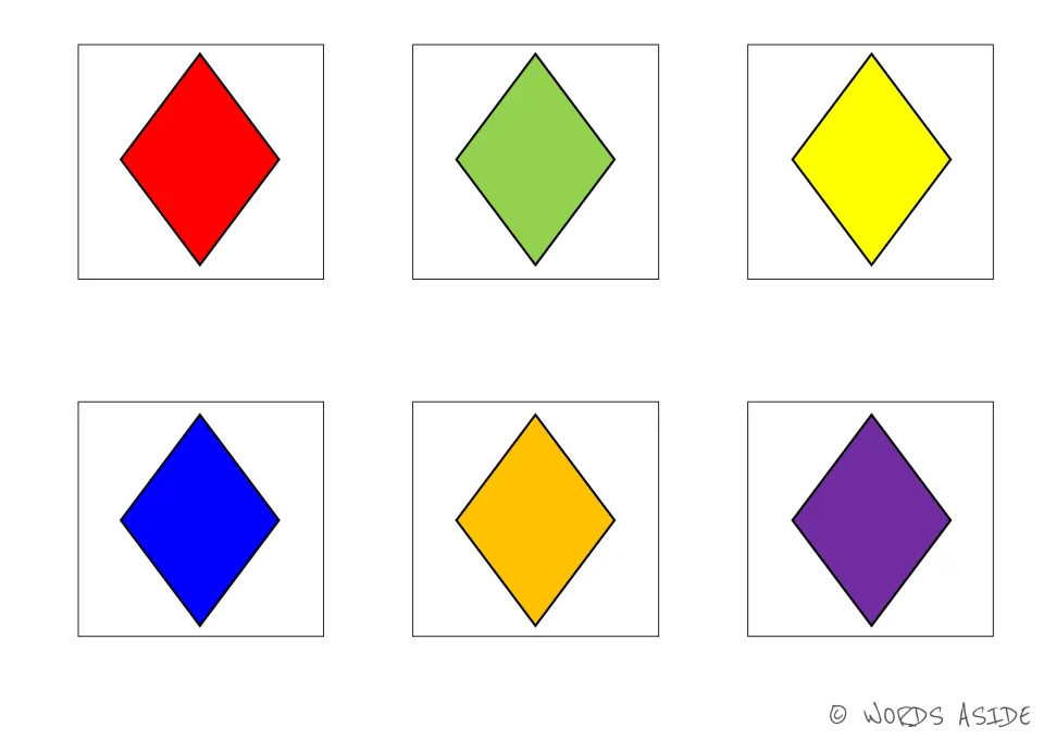 Cognitive processing matching cards 31–36: six diamonds in red, green, yellow, blue, orange, and purple.