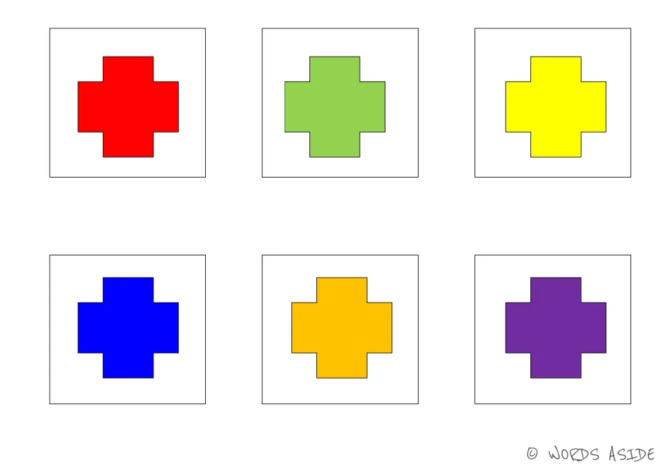 Cognitive processing matching cards 37–42: six crosses in red, green, yellow, blue, orange, and purple.