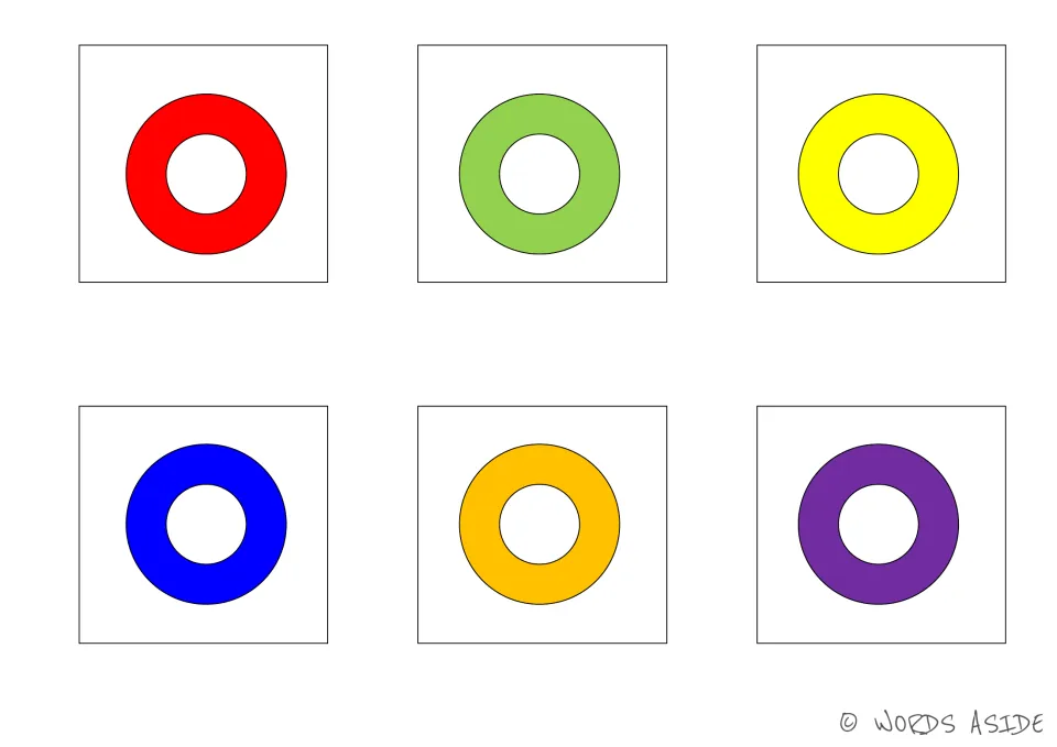 Cognitive processing matching cards 43–48: six rings in red, green, yellow, blue, orange, and purple.