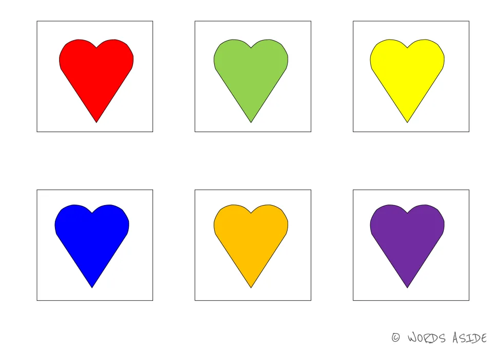 Cognitive processing matching cards 49–54: six hearts in red, green, yellow, blue, orange, and purple.