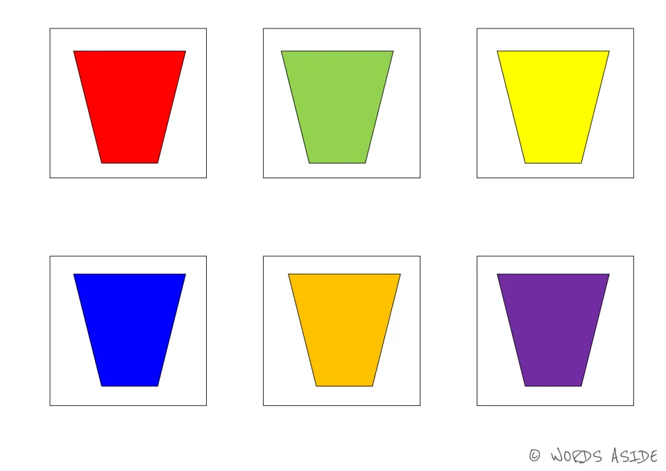 Cognitive processing matching cards 55–60: six trapezoids in red, green, yellow, blue, orange, and purple.