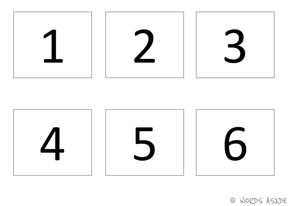 Individual number cards 1 through 6, printed six to a page to match numbers on the activity boards