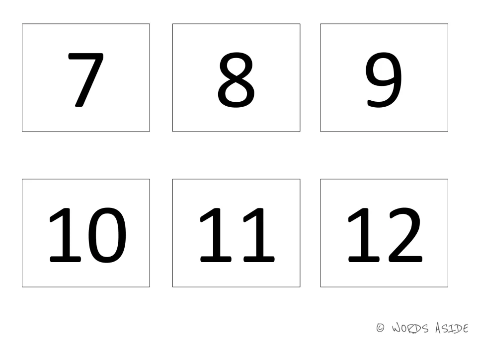 Individual number cards 7 through 12, printed six to a page to match numbers on the activity boards