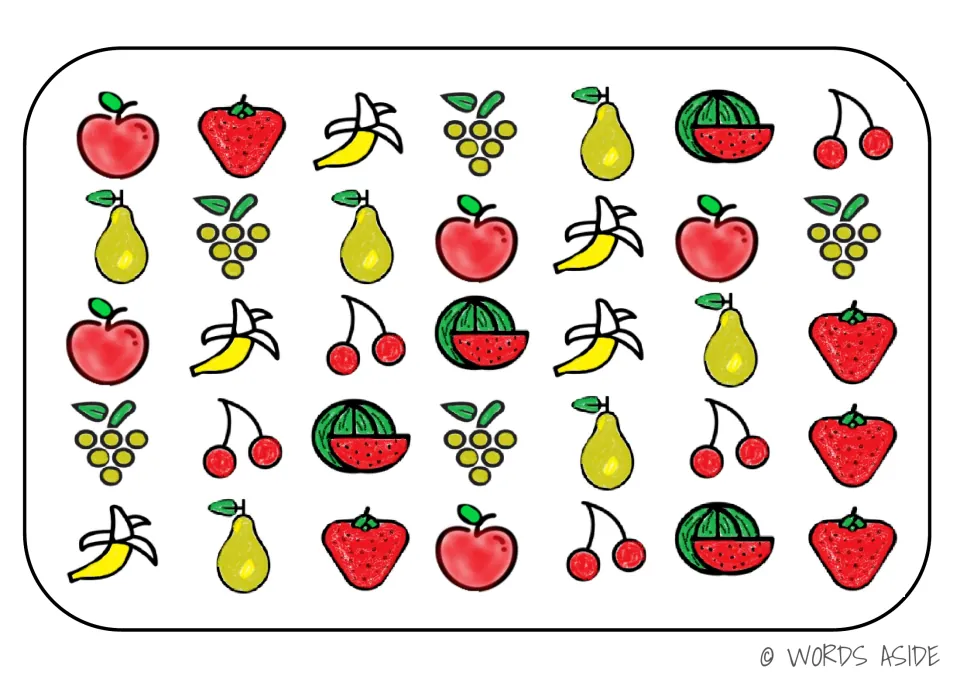 Fruit board for cognitive processing activities: 35 pictures of apples, strawberries, bananas and four more fruits