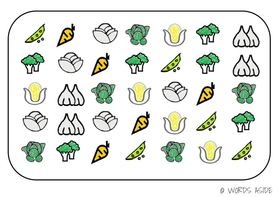 Vegetable board for cognitive processing activities: 35 pictures including peas, carrots, corn and broccoli