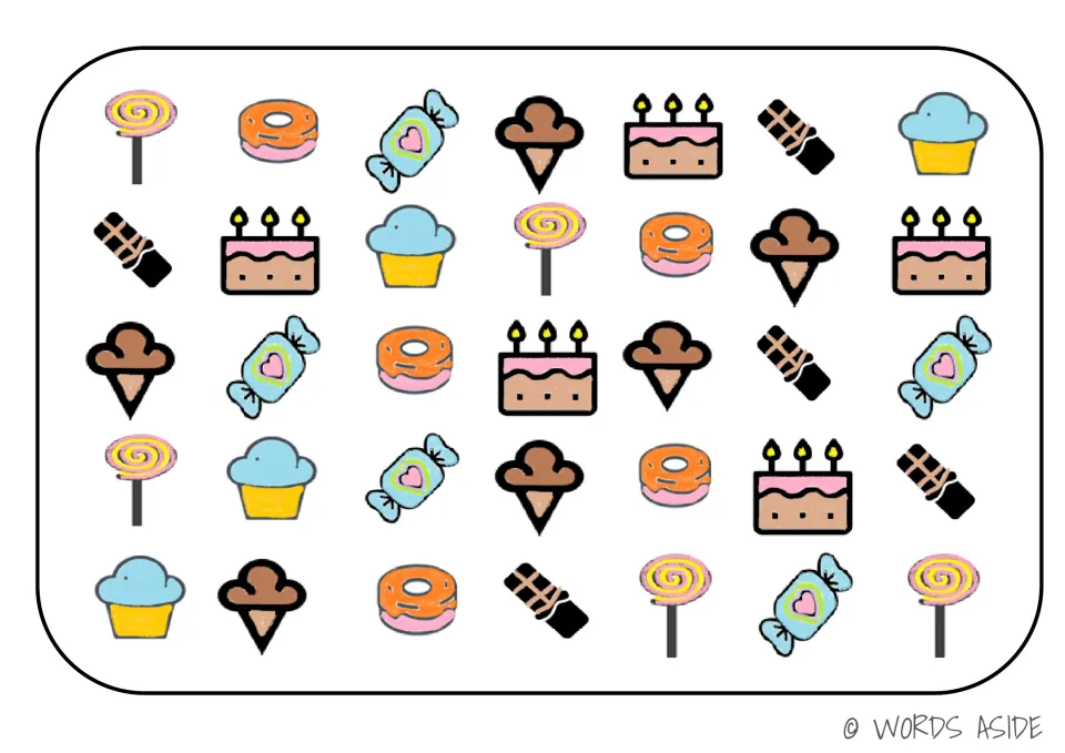 Sweets board for cognitive processing activities: 35 pictures including lollipops, doughnuts, cake and ice cream