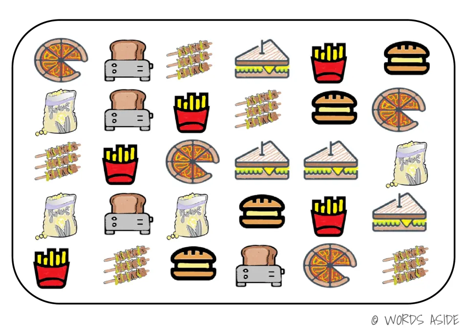 Food board for cognitive processing activities: 30 pictures including pizza, toast, skewers, fries and sandwiches