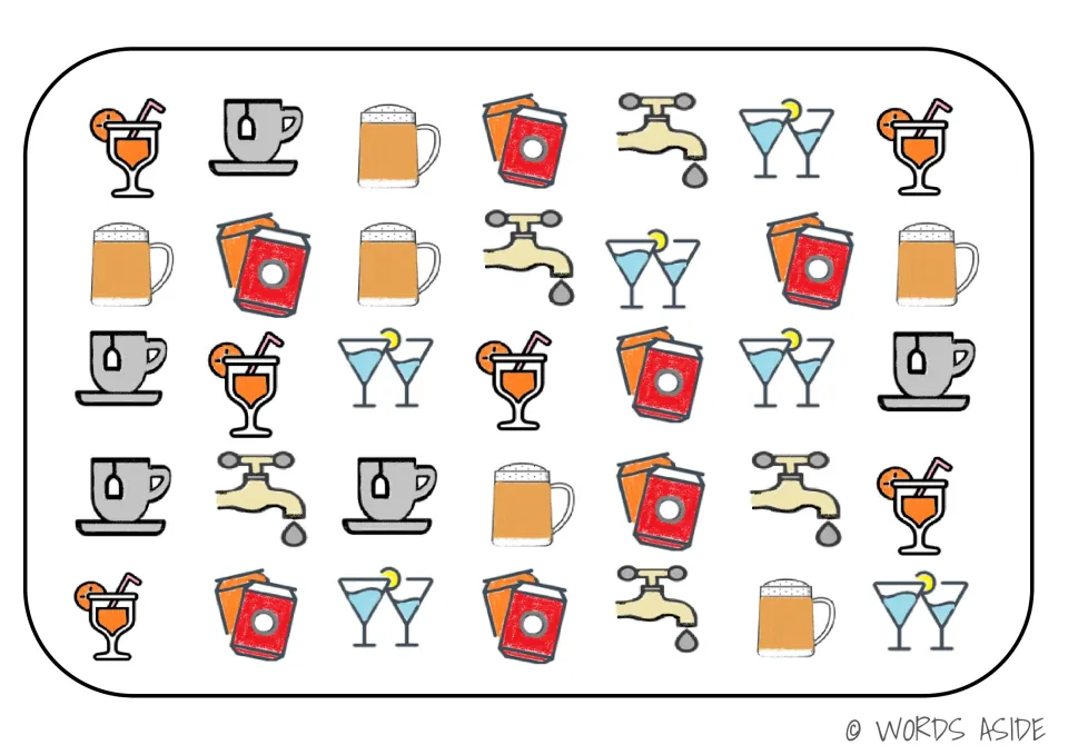 Drinks board for cognitive processing activities: 35 pictures including tea, mugs, cartons, glasses and faucets