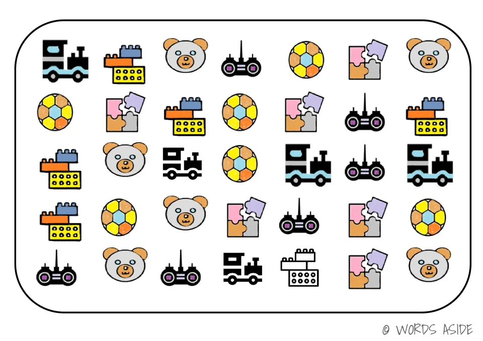 Toy board for cognitive processing activities: 35 pictures of trains, blocks, bears, balls, puzzles and controllers