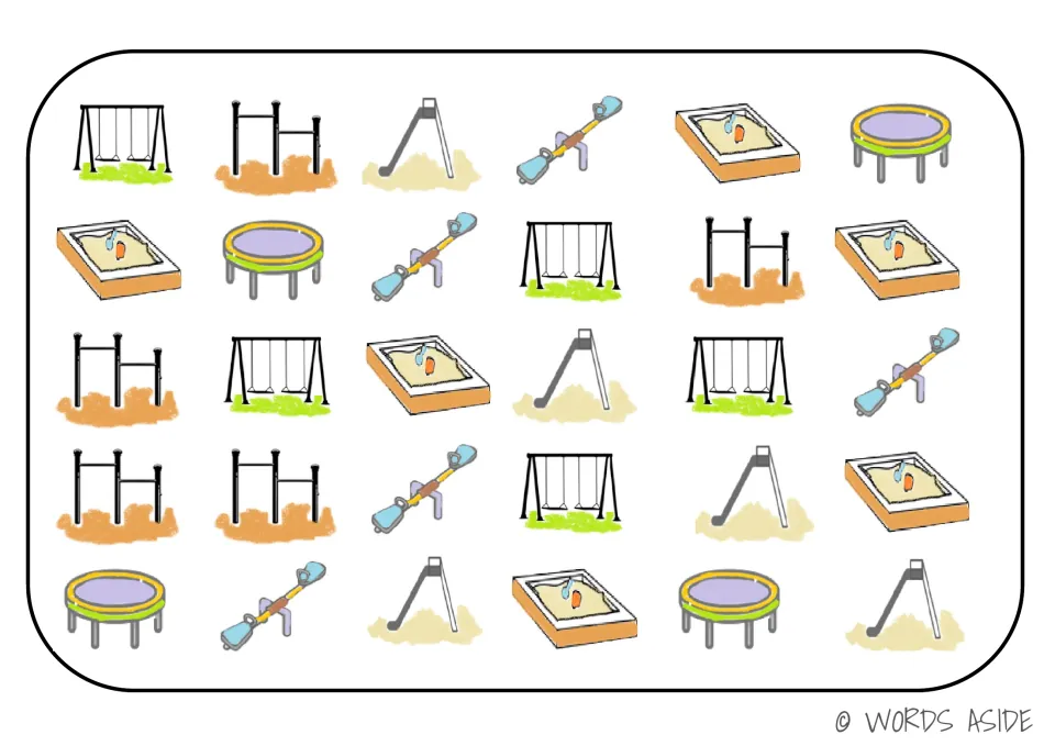 Playground board for cognitive processing activities: 30 pictures including swings, slides, seesaws and sandboxes