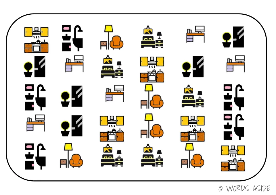 Home board for cognitive processing activities: 30 pictures including kitchens, bathrooms, bedrooms and desks