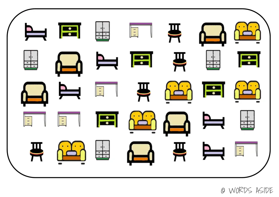 Furniture board for cognitive processing activities: 35 pictures including beds, wardrobes, desks and chairs