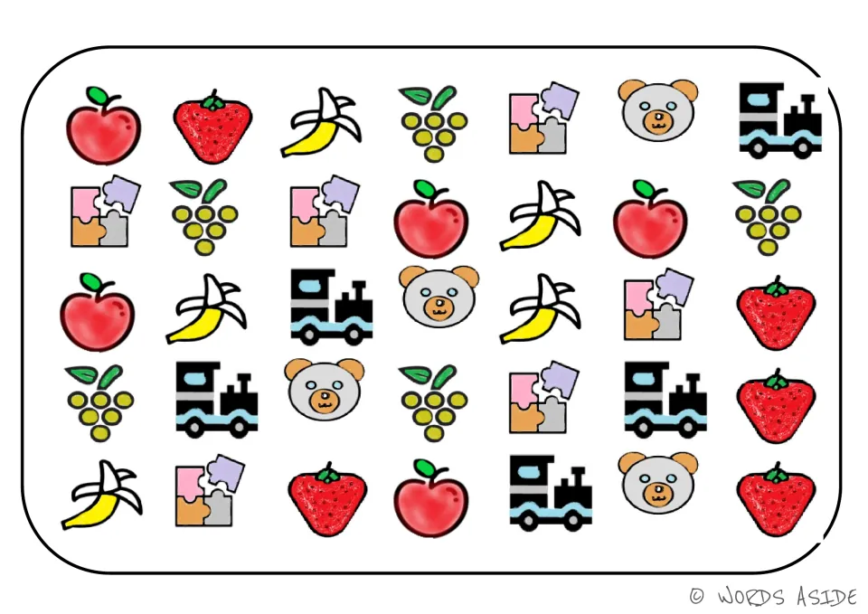 Category sorting board 1: repeated apples, strawberries, bananas, grapes, puzzles, teddy bears, and trains