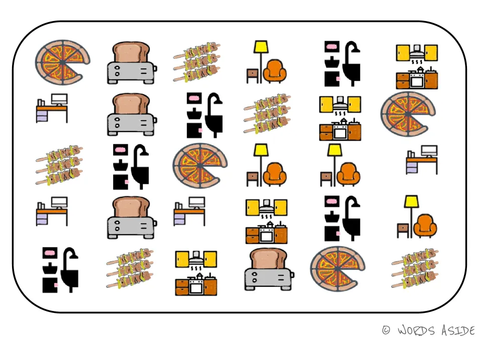 Category sorting board 4: pizzas, food skewers, toasters, desks, kitchen units, sinks, and armchairs