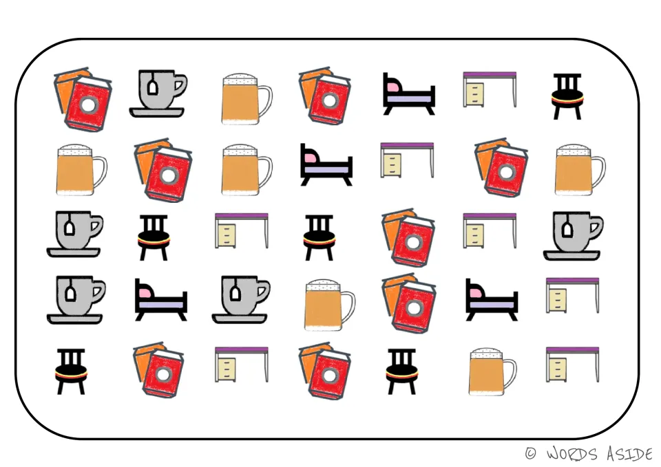 Category sorting board 5: repeated pictures of books, teacups, foamy drinks in mugs, beds, desks, and chairs