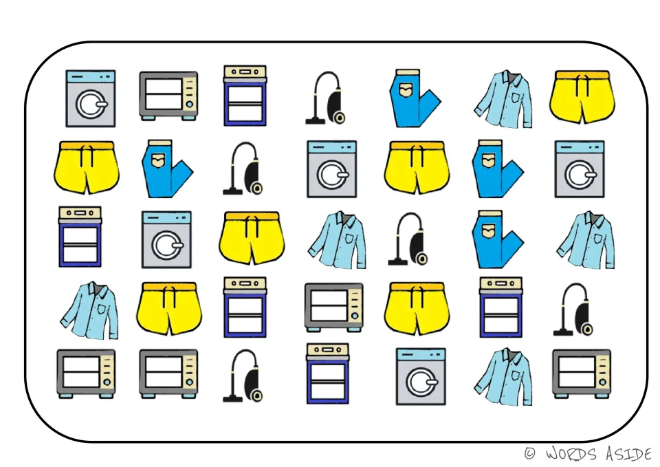 Category sorting board 6: washing machines, microwaves, ovens, vacuums, pants, shirts, and shorts