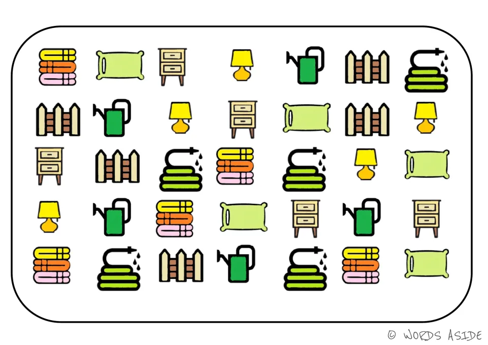 Category sorting board 7: towels, pillows, nightstands, lamps, watering cans, fences, and garden hoses