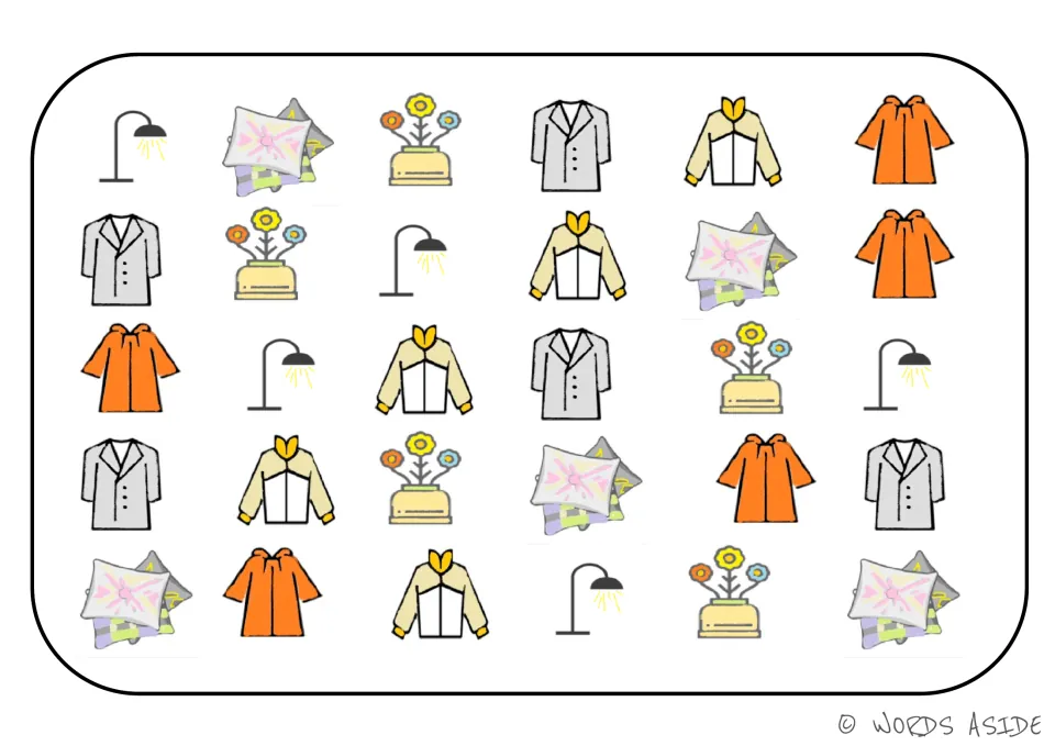 Category sorting board 8: floor lamps, patterned pillows, flower arrangements, suit jackets, jackets, and coats