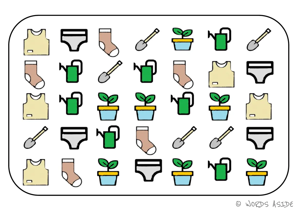Category sorting board 9: undershirts, underwear, socks, garden trowels, potted seedlings, and watering cans
