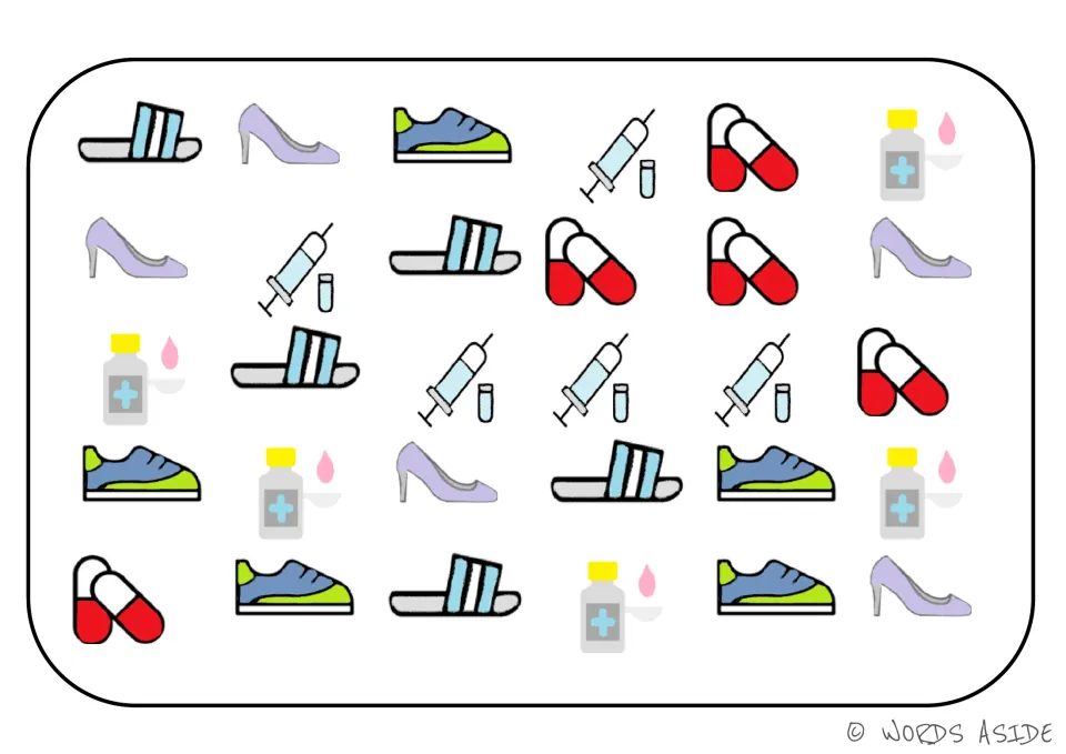 Category sorting board 10: sandals, high heels, sneakers, syringes, capsules, and liquid medicine bottles