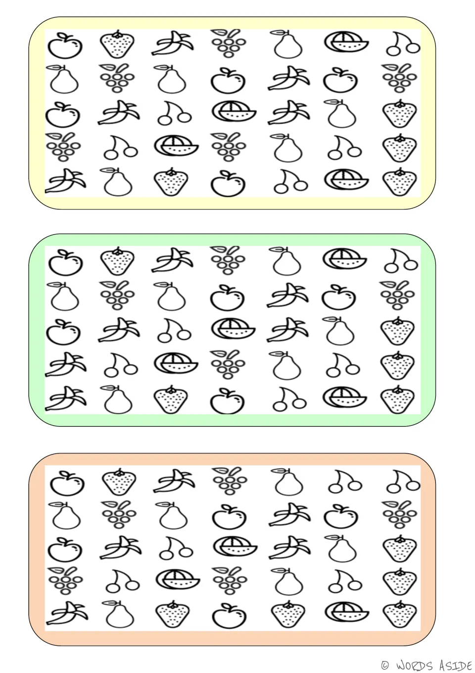 Fruit comparison boards: three versions showing apples, strawberries, bananas, grapes, pears and more
