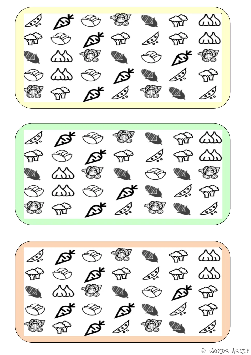 Vegetable comparison boards: three versions showing peas, carrots, corn, broccoli, garlic and leafy vegetables