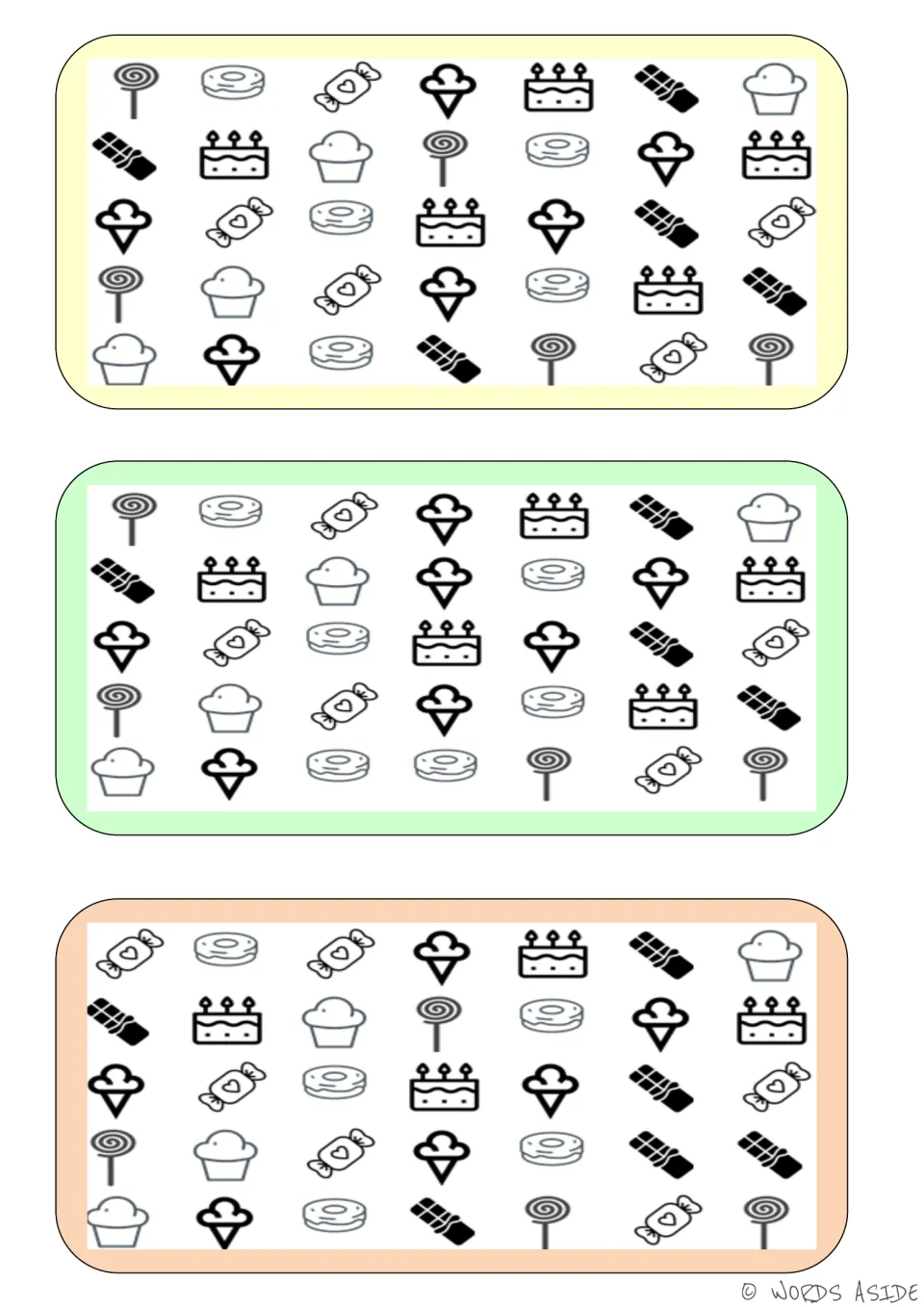 Sweet treat comparison boards: three versions showing lollipops, doughnuts, candy, ice cream, cake and more