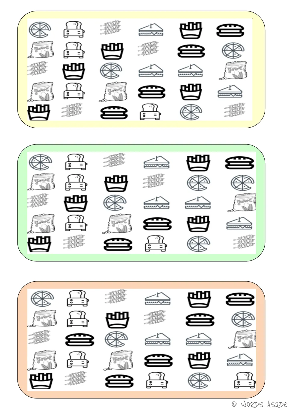 Food comparison boards: three versions showing pizza, toast, fries, sandwiches, hamburgers and snack bags