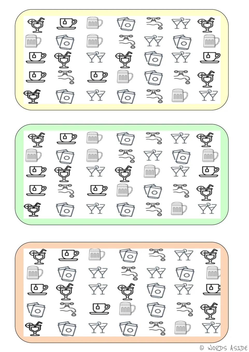 Drink comparison boards: three versions showing teacups, mugs, faucets, drink cartons and stemmed glasses