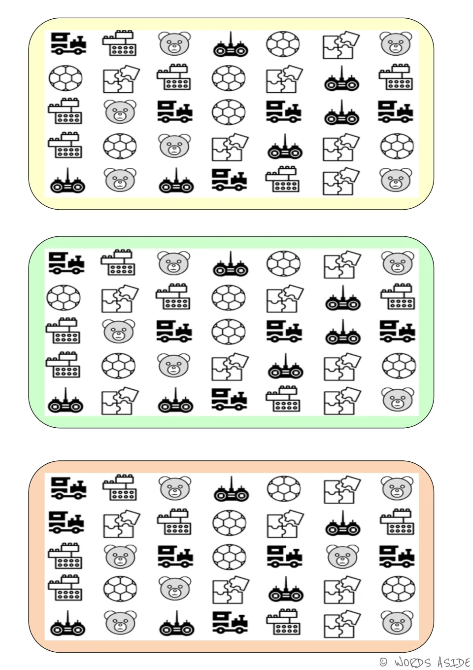 Toy comparison boards: three versions showing trains, building blocks, teddy bears, balls and puzzles