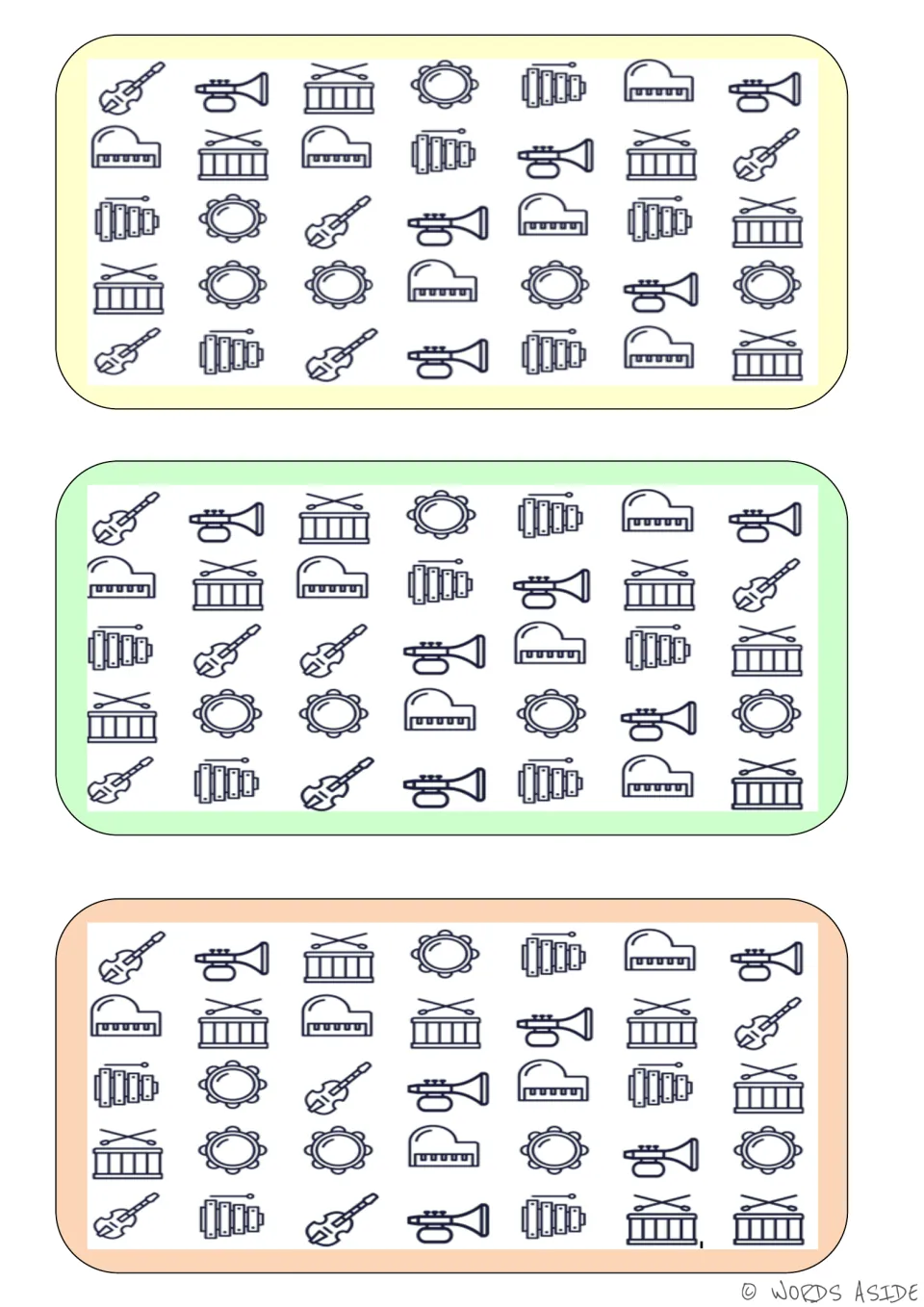 Musical instrument comparison boards: three versions showing guitars, trumpets, drums, tambourines and more