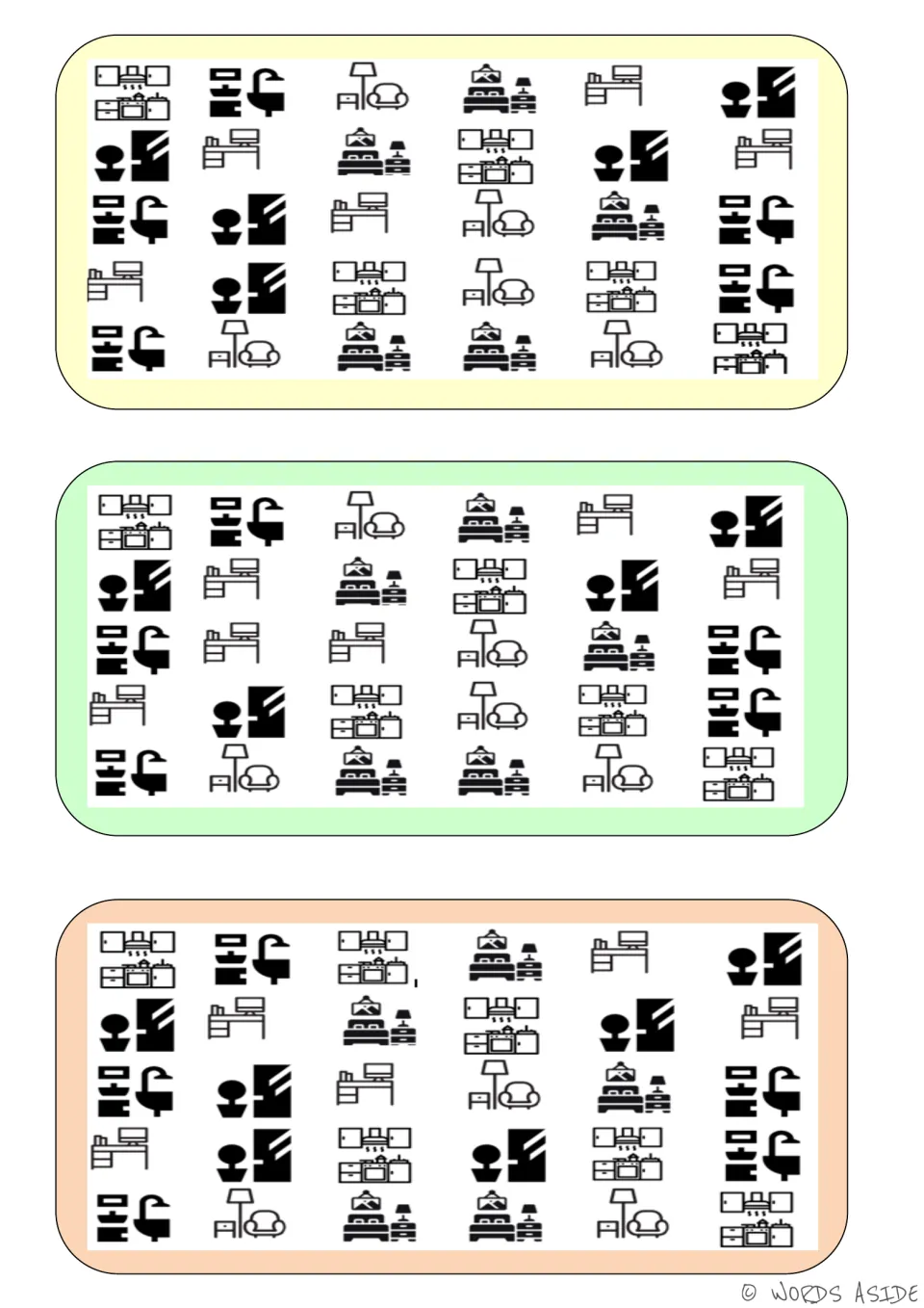 Home interior comparison boards: three versions showing kitchens, bathrooms, bedrooms, desks and sitting areas