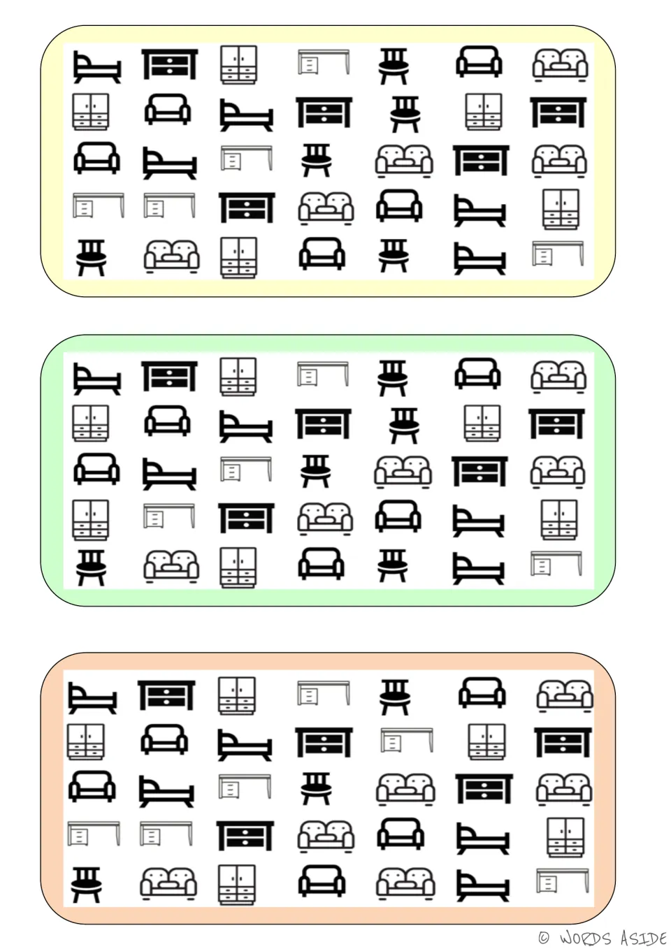 Furniture comparison boards: three versions showing beds, dressers, wardrobes, desks, chairs and sofas