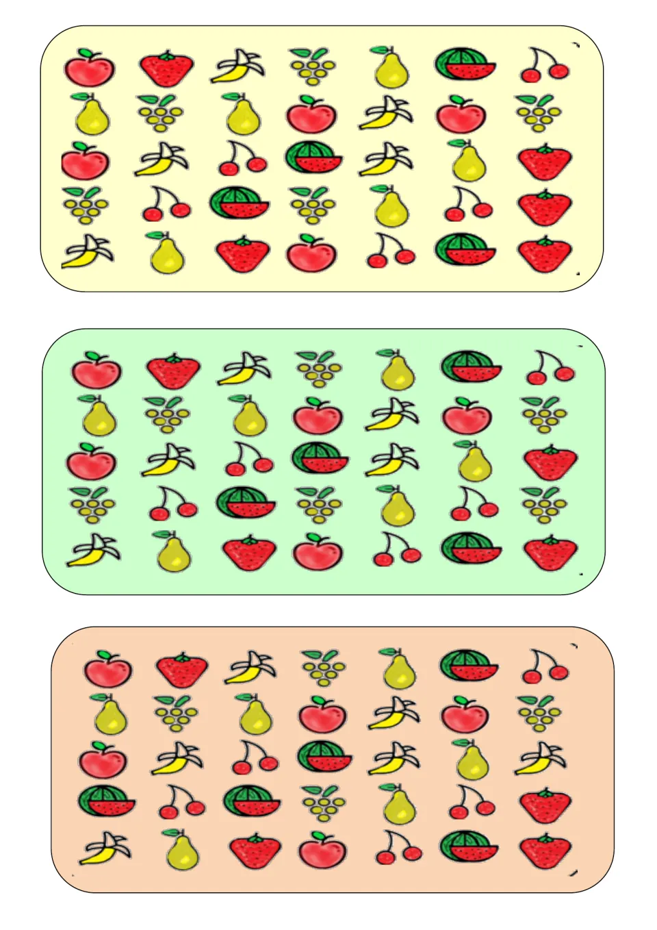 Three fruit comparison boards for What Is Different, featuring apples, strawberries, bananas, and pears
