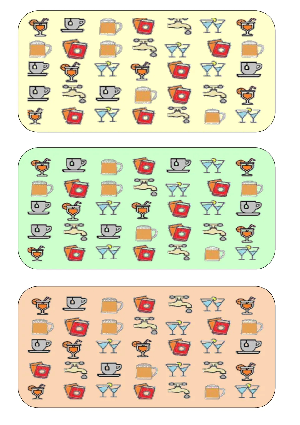 Three drink comparison boards for What Is Different, featuring tea cups, mugs, faucets, and stemmed glasses