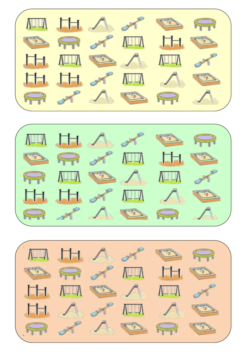Three playground comparison boards for What Is Different, featuring swings, slides, seesaws, and sandboxes