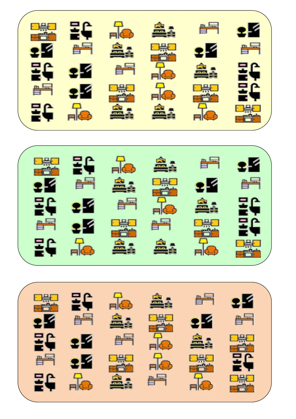 Three room comparison boards for What Is Different, featuring kitchens, bathrooms, bedrooms, and desk areas