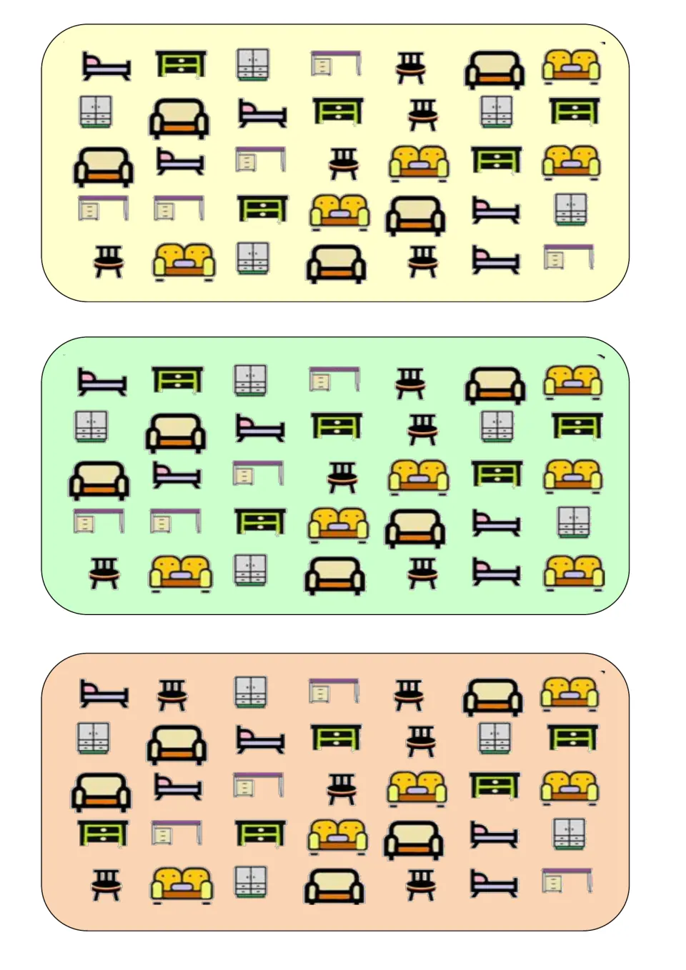 Three furniture comparison boards for What Is Different, featuring beds, desks, chairs, sofas, and cabinets