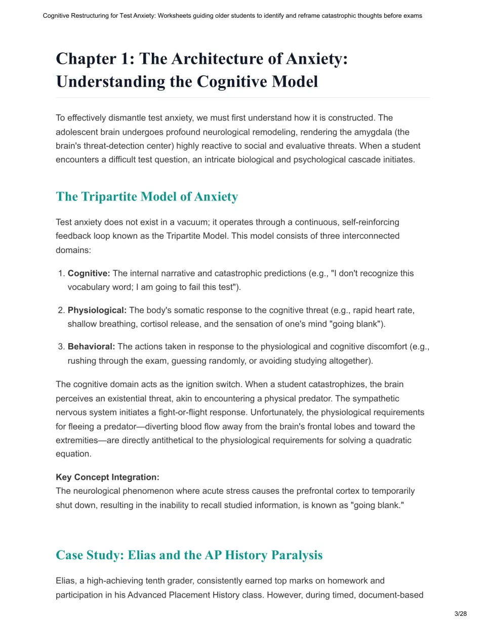 Chapter 1 guide: cognitive, physiological, and behavioral domains of anxiety, plus Elias’s case study
