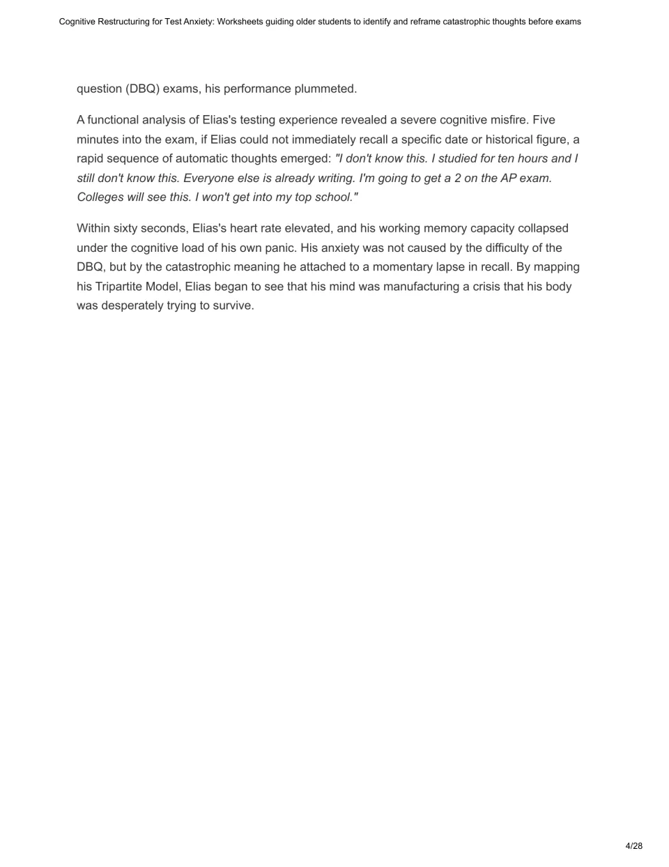 Chapter 1 case study continued: Elias’s catastrophic thoughts during timed AP History exams and panic