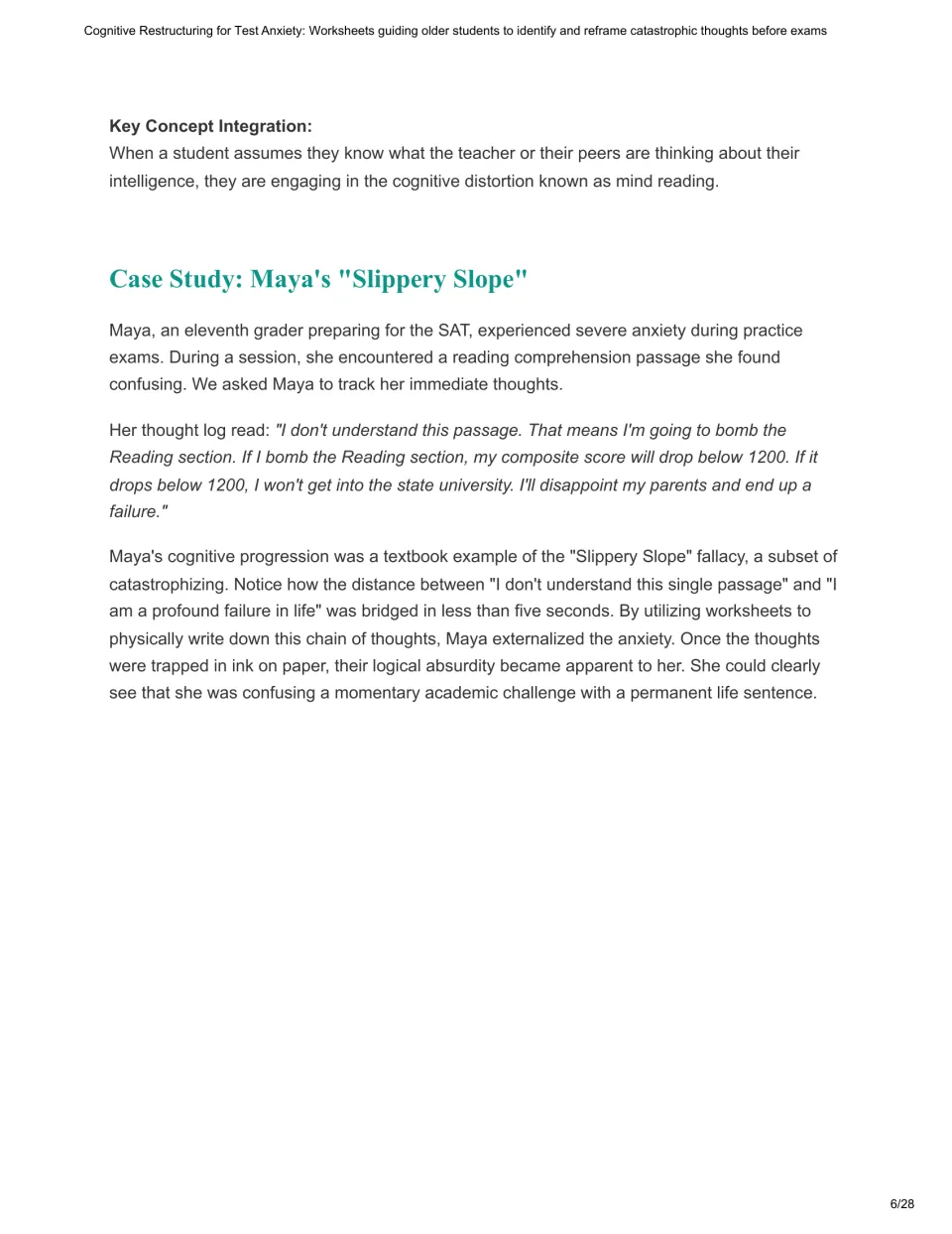 Chapter 2 case study: Maya’s SAT reading worries spiral into fears of failure; a note defines mind reading