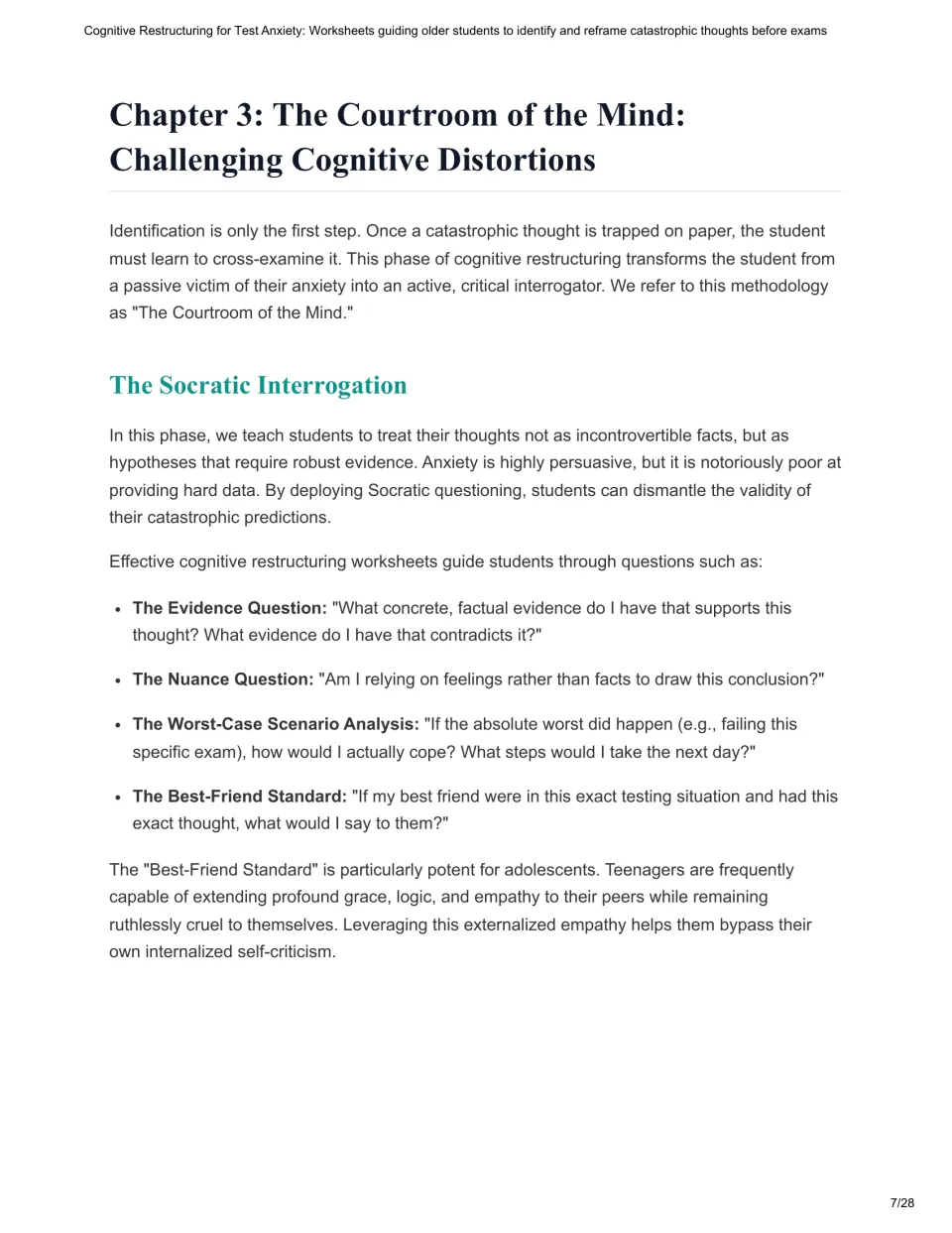 Chapter 3 guide: Socratic questions examine evidence, feelings, worst-case coping, and advice to a friend