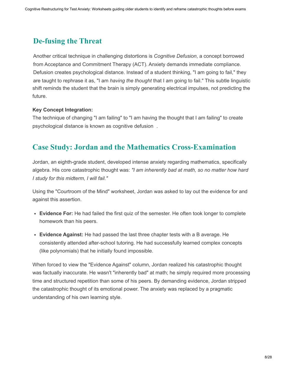 Chapter 3 guide continued: cognitive defusion and Jordan’s evidence for and against fears of math failure