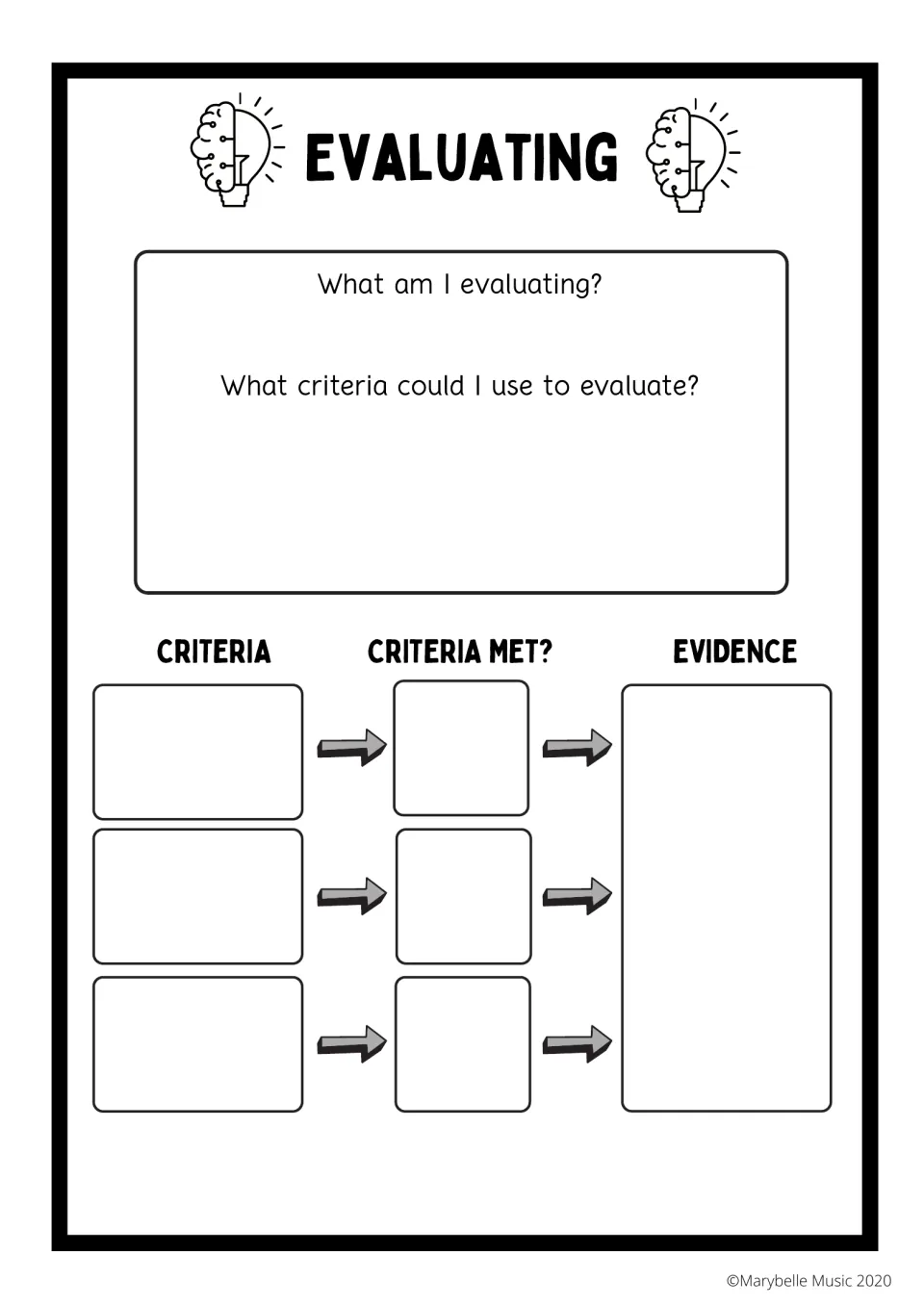 Evaluating organizer: students state what they evaluate, choose criteria, mark if each criterion is met and record evidence